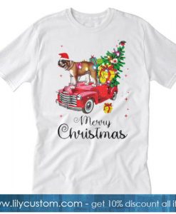 English Bulldog Rides Red Truck Christmas T-SHIRT SR