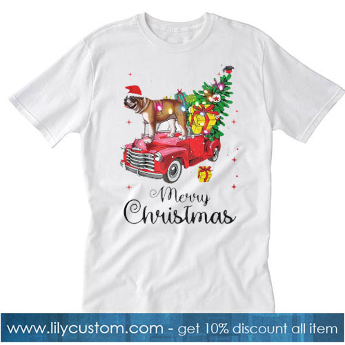 English Bulldog Rides Red Truck Christmas T-SHIRT SR
