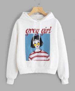 Grey Girl Print Drawstring Hoodie