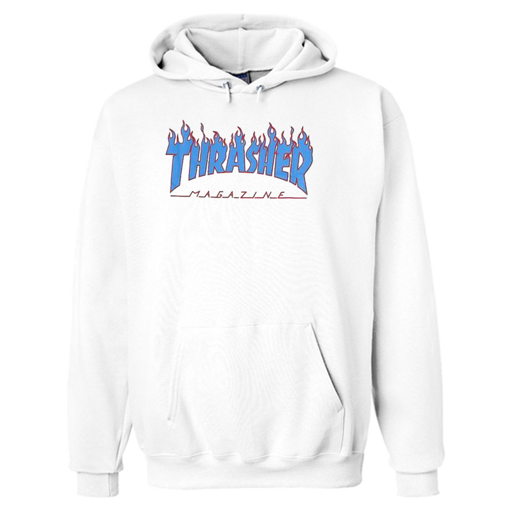 Thrasher Flame logo White Blue Hoodie