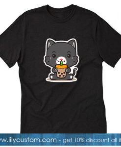 Black Cat Eating Boba T-SHIRT