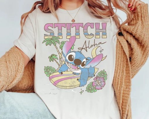 Cute Disney Lilo & Stitch Aloha Tropic Surf Stitch Retro Shirt NA