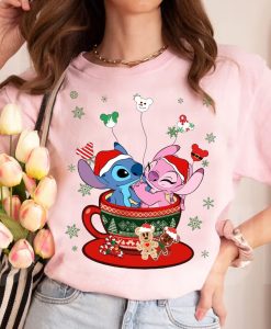 Stitch and Angel Christmas Coffee Cup Balloon Shirt NA