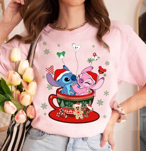 Stitch and Angel Christmas Coffee Cup Balloon Shirt NA